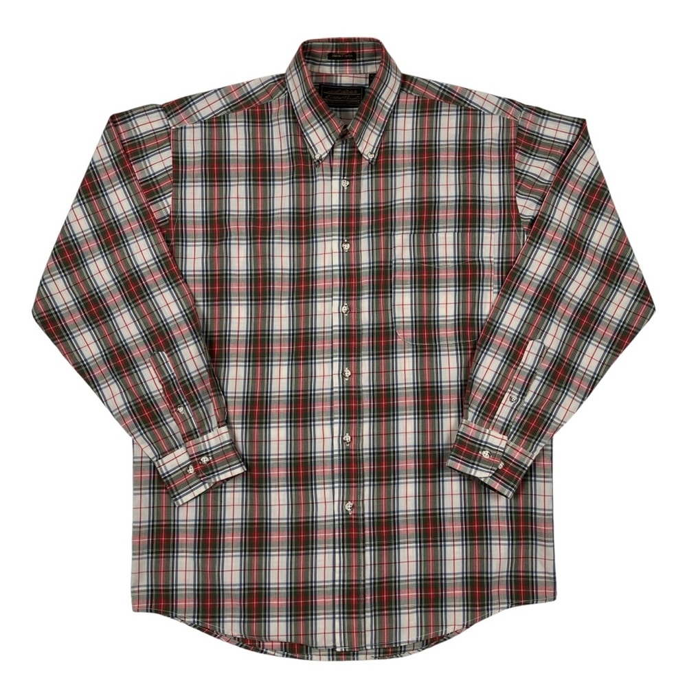 Vintage 80s Eddie Bauer Marin Poplin Multicolor Plaid Button Up Shirt USA Made
